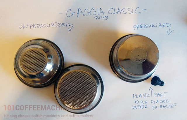 Gaggia New Classic (Pro) RI9380/RI9480 filter baskets: pressurized and two unpressurized