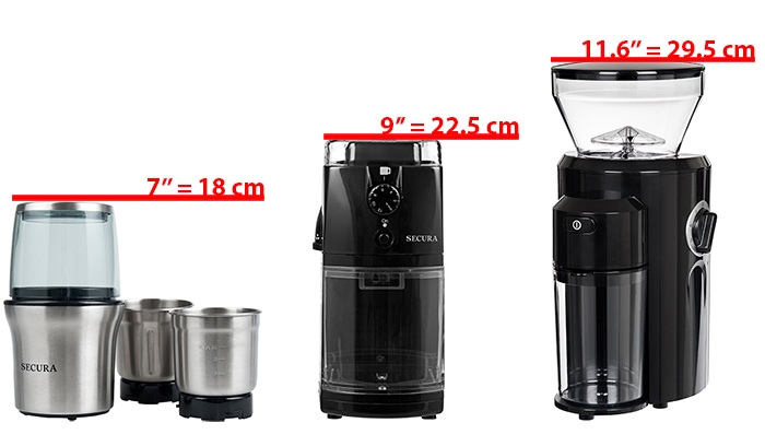 Secura grinders compared by height: Secura SP7412 vs SCG-903B vs CBG-018