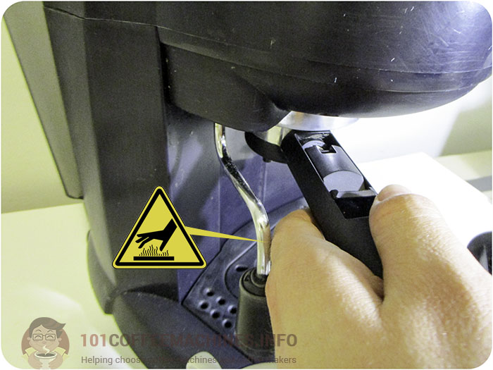 Caution Hot! Steam wand placed on left on Delonghi EC190, 201, 221 and other similar models of espresso machines